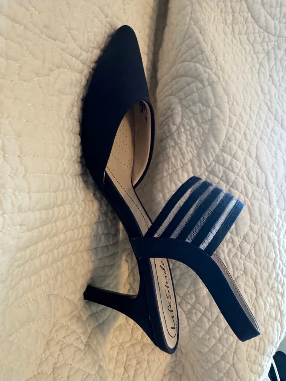 Life Stride Navy Pointed Slingback Pumps with Strappy Ankle